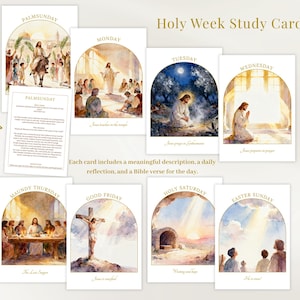 Holy Week Study Cards – 5x7 Printable, 4 Cards per A4, Easter Story, Family Devotional, Double-Sided PDF & PNG