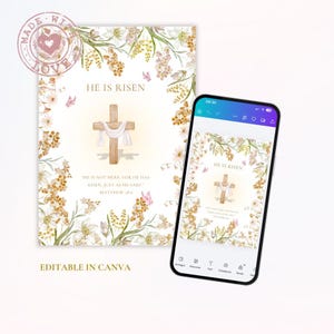 Könnte beinhalten: Ein digitales Design zum Thema Ostern mit einem Holzkreuz, das mit weißem Stoff drapiert ist, umgeben von Blumen und Schmetterlingen. Der Text "HE IS RISEN" steht über dem Kreuz, mit zusätzlichem Text darunter. Das Design wird auch auf einem Smartphone angezeigt.