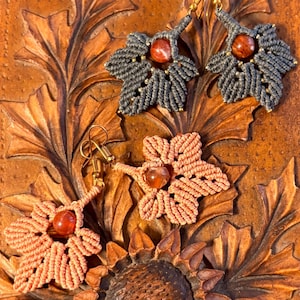 Boho Macrame Earrings with Sunstone, Handmade Leaf Dangle Earrings, Micromacrame Jewelry, Unique Gift for Her