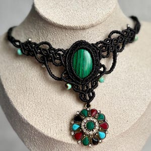 Boho Macrame Choker Necklace with Malachite & Vintage Pendant, Handmade Statement Jewelry, Unique Gift for Her
