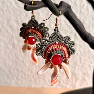 Boho Macrame Earrings with Shells, Red Statement Dangle Earrings, Handmade Micromacrame Jewelry, Ethnic Earrings, Gift for Her