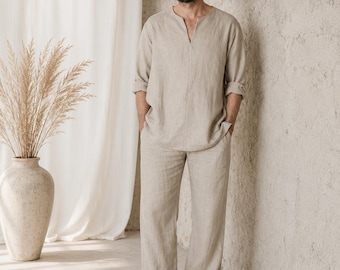 Men's Linen Kimono Lounge Set, Olive Green Resort Wear, Minimalist Modest Fashion