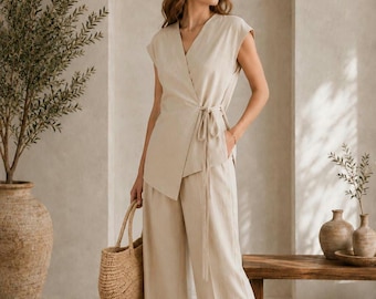 Beige Linen Blend Wrap Top and Wide Leg Pants Set, Boho Lounge Outfit