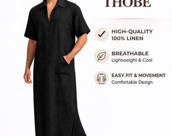 Men's Black Linen Thobe | Short Sleeve Kaftan Kurta, Summer Lounge Wear