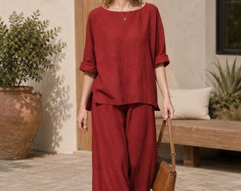 Deep Burgundy Linen Lounge Set, Oversized Top, Wide Leg Pants, Handmade Co Ord