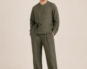 Olive Green Linen Kimono Co-Ord Set | Japanese Style Modest Menswear Lounge Set