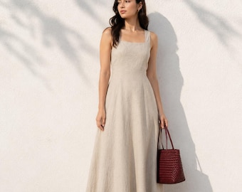 Women’s Linen Maxi Dress, Beige Sleeveless A Line Dress, Elegant Minimalist Summer Outfit