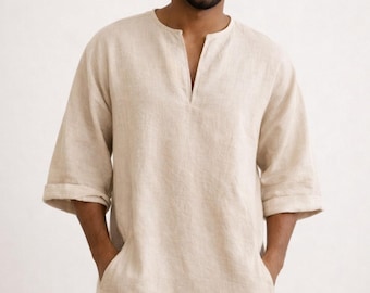 Caftano di lino beige da uomo / Thobe islamico minimalista, Jubba estivo modesto