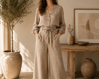 Linen Jumpsuit Wide Leg Palazzo Pants, Beige V-Neck Button Front One Piece Outfit