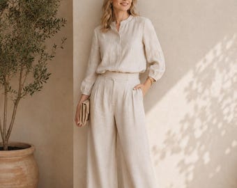 Beige Linen Two Piece Set Women, Wide Leg Pants, Matching Outfit, Resort Wear