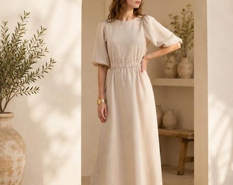Beige Linen Midi Dress, Puff Sleeve Open Back, Minimalist Cottagecore Summer Style