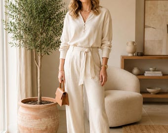 Linen Two Piece Set, Wide Leg Pants, Minimalist Resort Wear, Ivory Beige
