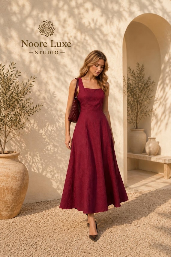 Burgundy Linen Maxi Dress, Elegant A-line, Sleeveless Square Neck, Minimalist Style
