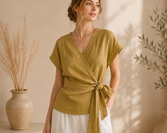 Olive Green Linen Wrap Blouse, Short Sleeve Tie Waist Top, Minimalist Summer Clothing