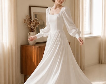 White Cottagecore Maxi Dress, Square Neck Puff Sleeve Flowy Gown