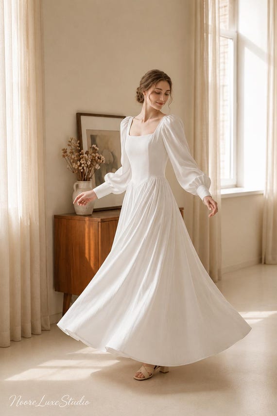 white flowy cottagecore dress Maxi Dress, Square Neck Puff Sleeve Gown aesthetic white vintage dress