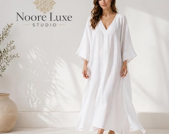White Linen Maxi Kaftan Dress | Oversized V-Neck Resort Wear