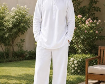 Men's White Cotton Blend Kurta Pajama Set | Modest Islamic Lounge Wear