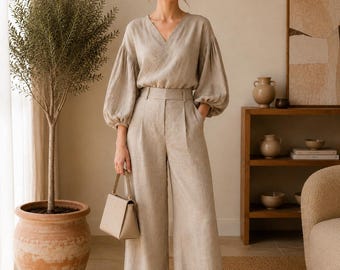 Linen Two Piece Set, Beige Wide Leg Pants, Balloon Sleeve Blouse, Minimalist Resort Wear