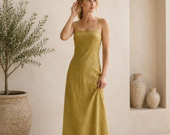 Olive Green Linen Maxi Dress, Spaghetti Strap Square Neck, Summer Resort Wear
