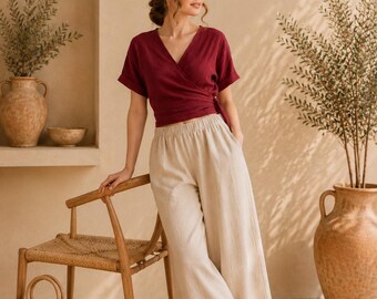 Burgundy Linen Wrap Blouse, Short Sleeve V-Neck Tie Waist Top, Handmade Summer Clothing