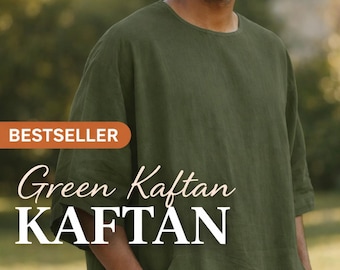 Men's Green Linen Kaftan | Oversized Islamic Thobe, Ramadan Eid Outfit