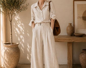 Beige Linen Wrap Top and Wide Leg Pants Set, Minimalist Resort Wear Outfit