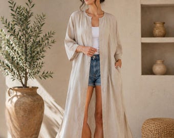 Linen Kaftan Dress | Oversized Maxi Beach Cover Up, Button Down Kimono Robe