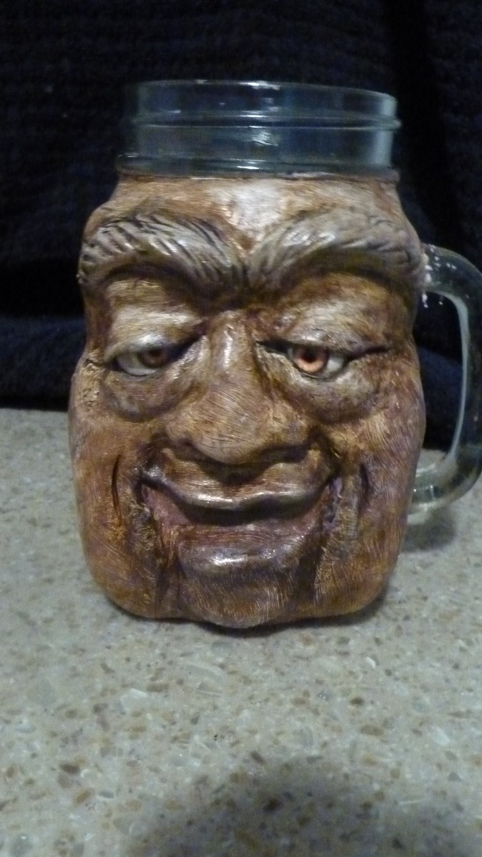 Stash jar mug Happy go lucky glass mug covered with polymer clay. SALE face mug ugly mugs