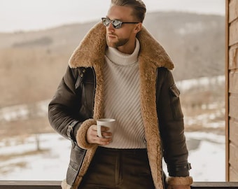Chaqueta de piel de aviador marrón B3 para hombre con forro de borrego – Abrigo de invierno estilo piloto