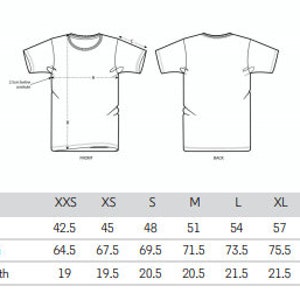 May include: Size chart for a t-shirt with measurements in inches for half chest, body length, and sleeve length. Sizes range from XXS to XXXL.