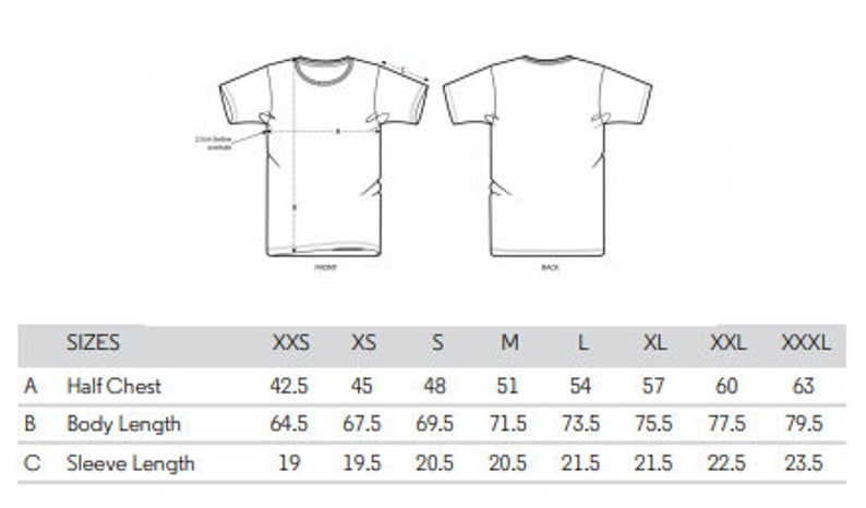 May include: Size chart for a t-shirt with measurements in inches for half chest, body length, and sleeve length. Sizes range from XXS to XXXL.