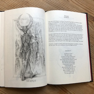 May include: Open book with a detailed pencil illustration of a skeletal figure with a crescent-shaped headpiece. Text in English and a poem titled "XEXMUT" are also visible.