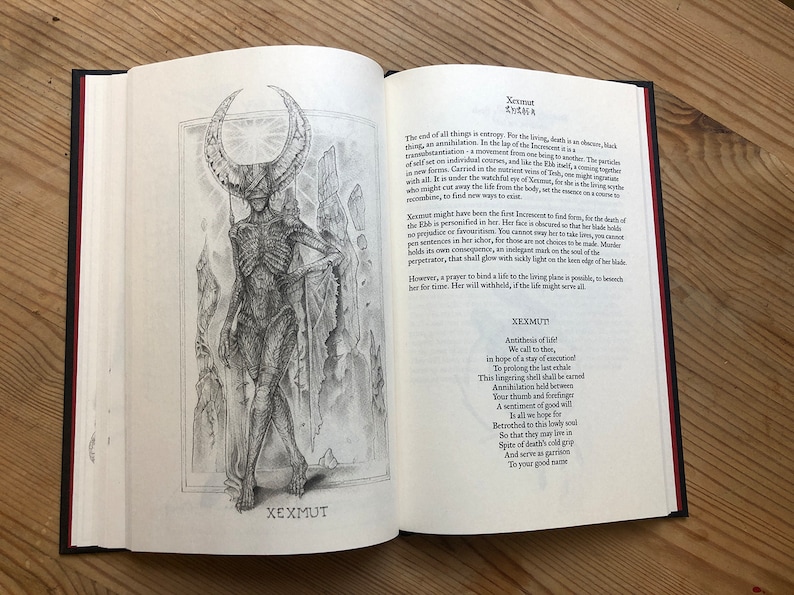 May include: Open book with a detailed pencil illustration of a skeletal figure with a crescent-shaped headpiece. Text in English and a poem titled "XEXMUT" are also visible.