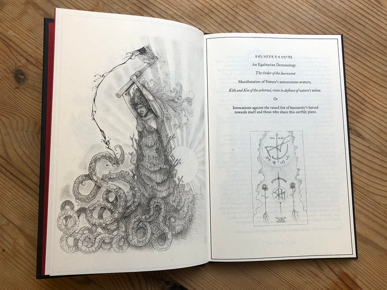 May include: An open book with black covers and red edges, featuring detailed black and white illustrations. One page displays a drawing of a figure with tentacles and a weapon. The opposite page has text including "An Egalitarian Demonology".
