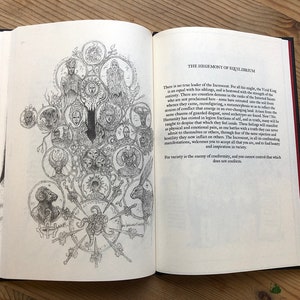 May include: Open book with a detailed black and white illustration on the left page and text on the right. The illustration features a central design with multiple circular portraits and symbolic imagery. The book is open on a wooden surface.