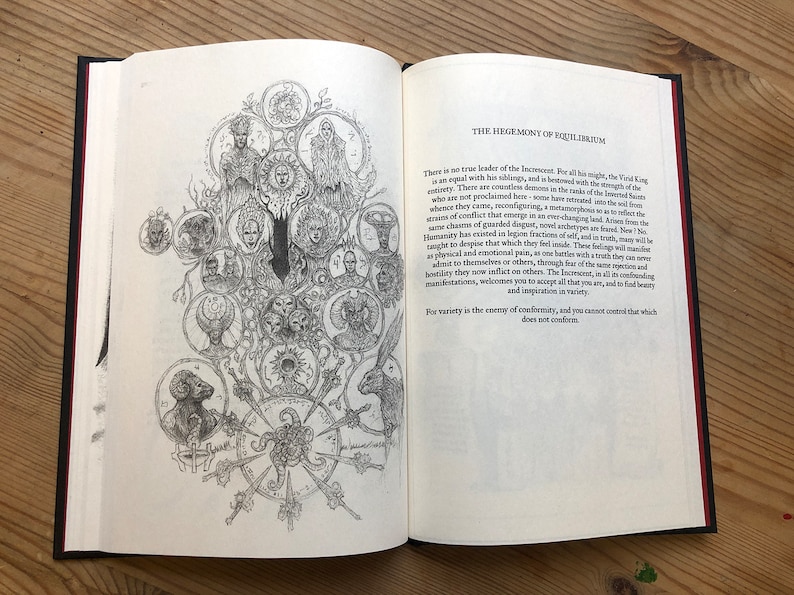 May include: Open book with a detailed black and white illustration on the left page and text on the right. The illustration features a central design with multiple circular portraits and symbolic imagery. The book is open on a wooden surface.