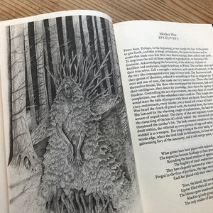 May include: An open book with detailed black and white illustrations. One page features a drawing of a figure made of leaves and branches in a forest setting. Text in English and another language is also visible.