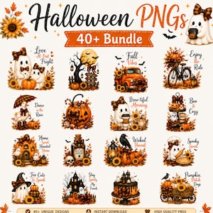 May include: A digital bundle of 40+ Halloween PNG graphics featuring ghosts, pumpkins, sunflowers, plaid patterns, and autumn themes. Designs include text like Love at First Fright, Fall Vibes, Brew-tiful Morning, and Wicked Harvest in a variety of styles.