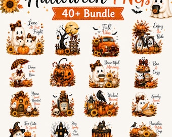 May include: A digital bundle of 40+ Halloween PNG graphics featuring ghosts, pumpkins, sunflowers, plaid patterns, and autumn themes. Designs include text like Love at First Fright, Fall Vibes, Brew-tiful Morning, and Wicked Harvest in a variety of styles.