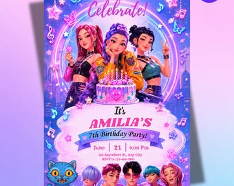 May include: A digital birthday party invitation featuring three illustrated characters behind a pink cake, with text reading JOIN US TO Celebrate, It's AMILIA'S 7th Birthday Party, June 21, 9.00 Pm, 123 Anywhere St., Any City, and RSVP to 123-456-7890.