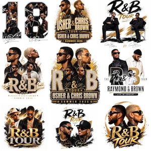 May include: A collection of R&B tour graphics featuring Usher and Chris Brown. The designs include portraits of the artists, the tour name, and the year 2026. The color scheme is primarily gold and black.