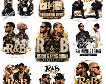 May include: A collection of R&B tour graphics featuring Usher and Chris Brown. The designs include portraits of the artists, the tour name, and the year 2026. The color scheme is primarily gold and black.