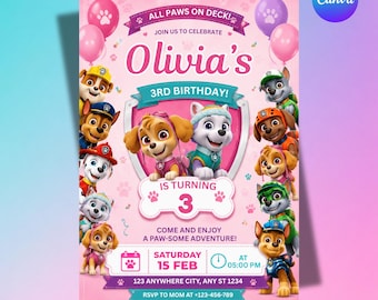 May include: A pink birthday invitation featuring the Paw Patrol characters. The invitation reads "Olivia's 3rd Birthday!" with the date, time, and location details. Pink and purple balloons and paw prints decorate the design.