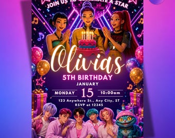 May include: A vibrant birthday invitation with a purple and pink gradient background. The invitation features illustrations of people, balloons, and gifts. Text includes "Join Us to Celebrate a Star," "Olivia's 5th Birthday," and event details.