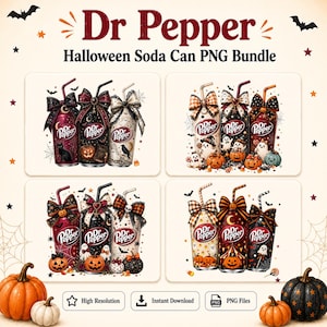 May include: A digital bundle of Dr Pepper soda can illustrations with Halloween themes, featuring bows, pumpkins, ghosts, and bats. The text reads Dr Pepper Halloween Soda Can PNG Bundle, High Resolution, Instant Download, and PNG Files.