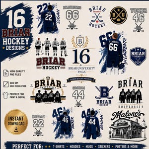 May include: A collection of 16 Briar Hockey designs, including logos, player numbers, and team graphics. The designs feature navy blue and white colors, with text such as "Briar Hockey" and "Briar University". The image is perfect for t-shirts, hoodies, and more.