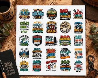 May include: A collection of colorful Dad-themed stickers with various designs and phrases. The stickers feature text like "Best Dad," "Cool Dads Club," and "Dad Jokes Legendary." A notebook with "Dad. The Man. The Myth. The Legend." is also visible.