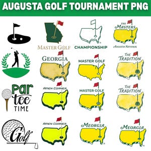 Puede incluir: Una colección de gráficos y logotipos relacionados con el golf. Incluye una silueta de golfista, pelotas de golf, banderas y texto como "The Masters", "Amen Corner" y "Par Tee Time". La paleta de colores es principalmente verde, amarillo y negro.