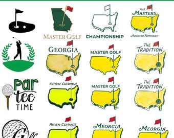 May include: A collection of golf-themed graphics and logos. Includes a silhouette of a golfer, golf balls, flags, and text such as "The Masters," "Amen Corner," and "Par Tee Time." The color palette is primarily green, yellow, and black.